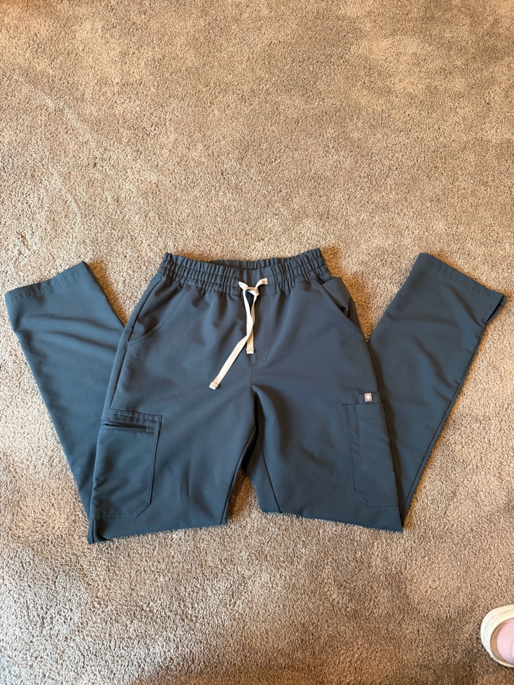 Figs Women's high rise yola Pants in Slate Blue with Cream Drawstring